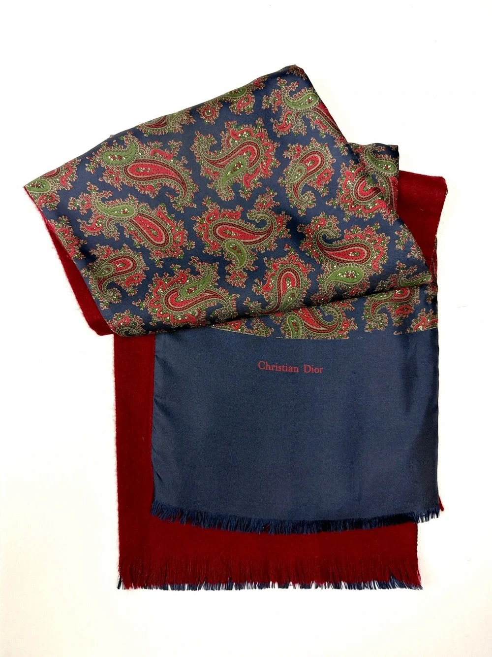 Vintage Christian Dior Doubled Paisley Scarf Silk Wool Navy Burgundy 53x9.5”